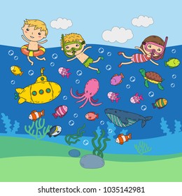 Underwater. Kids waterpark. Sea and ocean adventure. Summertime. Kids drawing. Doodle image. Cartoon creatures with children. Boys and girls swimming