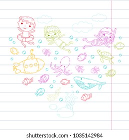 Underwater. Kids waterpark. Sea and ocean adventure. Summertime. Kids drawing. Doodle image. Cartoon creatures with children. Boys and girls swimming