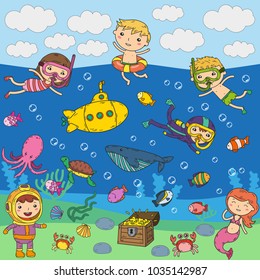 Underwater. Kids waterpark. Sea and ocean adventure. Summertime. Kids drawing. Doodle image. Cartoon creatures with children. Boys and girls swimming