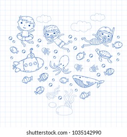 Underwater. Kids waterpark. Sea and ocean adventure. Summertime. Kids drawing. Doodle image. Cartoon creatures with children. Boys and girls swimming