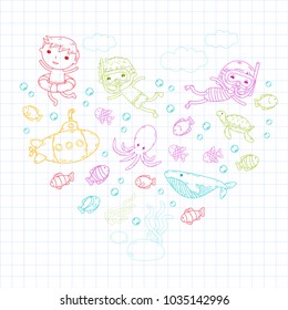 Underwater. Kids waterpark. Sea and ocean adventure. Summertime. Kids drawing. Doodle image. Cartoon creatures with children. Boys and girls swimming