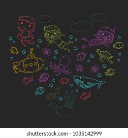 Underwater. Kids waterpark. Sea and ocean adventure. Summertime. Kids drawing. Doodle image. Cartoon creatures with children. Boys and girls swimming
