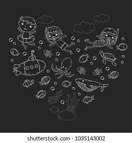 Underwater. Kids waterpark. Sea and ocean adventure. Summertime. Kids drawing. Doodle image. Cartoon creatures with children. Boys and girls swimming