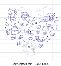 Underwater. Kids waterpark. Sea and ocean adventure. Summertime. Kids drawing. Doodle image. Cartoon creatures with children. Boys and girls swimming