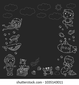 Underwater. Kids waterpark. Sea and ocean adventure. Summertime. Kids drawing. Doodle image. Cartoon creatures with children. Boys and girls swimming