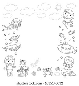 Underwater. Kids waterpark. Sea and ocean adventure. Summertime. Kids drawing. Doodle image. Cartoon creatures with children. Boys and girls swimming