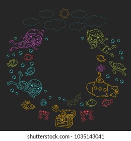 Underwater. Kids waterpark. Sea and ocean adventure. Summertime. Kids drawing. Doodle image. Cartoon creatures with children. Boys and girls swimming