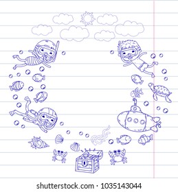 Underwater. Kids waterpark. Sea and ocean adventure. Summertime. Kids drawing. Doodle image. Cartoon creatures with children. Boys and girls swimming
