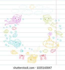 Underwater. Kids waterpark. Sea and ocean adventure. Summertime. Kids drawing. Doodle image. Cartoon creatures with children. Boys and girls swimming