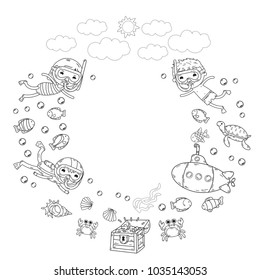 Underwater. Kids waterpark. Sea and ocean adventure. Summertime. Kids drawing. Doodle image. Cartoon creatures with children. Boys and girls swimming
