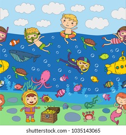 Underwater. Kids waterpark. Sea and ocean adventure. Summertime. Kids drawing. Doodle image. Cartoon creatures with children. Boys and girls swimming