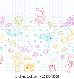 Underwater. Kids waterpark. Sea and ocean adventure. Summertime. Kids drawing. Doodle image. Cartoon creatures with children. Boys and girls swimming