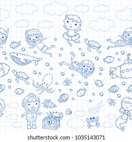 Underwater. Kids waterpark. Sea and ocean adventure. Summertime. Kids drawing. Doodle image. Cartoon creatures with children. Boys and girls swimming