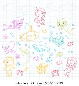 Underwater. Kids waterpark. Sea and ocean adventure. Summertime. Kids drawing. Doodle image. Cartoon creatures with children. Boys and girls swimming