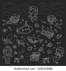 Underwater. Kids waterpark. Sea and ocean adventure. Summertime. Kids drawing. Doodle image. Cartoon creatures with children. Boys and girls swimming