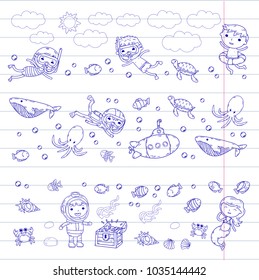 Underwater. Kids waterpark. Sea and ocean adventure. Summertime. Kids drawing. Doodle image. Cartoon creatures with children. Boys and girls swimming