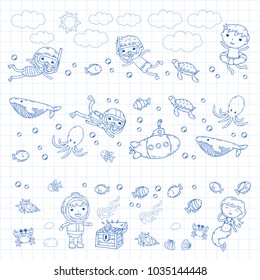 Underwater. Kids waterpark. Sea and ocean adventure. Summertime. Kids drawing. Doodle image. Cartoon creatures with children. Boys and girls swimming