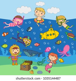 Underwater. Kids Waterpark. Sea And Ocean Adventure. Summertime. Kids Drawing. Doodle Image. Cartoon Creatures With Children. Boys And Girls Swimming