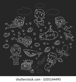 Underwater. Kids waterpark. Sea and ocean adventure. Summertime. Kids drawing. Doodle image. Cartoon creatures with children. Boys and girls swimming