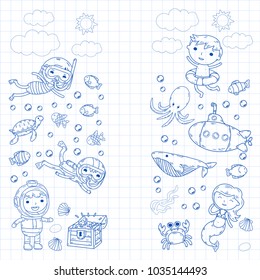 Underwater. Kids waterpark. Sea and ocean adventure. Summertime. Kids drawing. Doodle image. Cartoon creatures with children. Boys and girls swimming