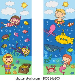 Underwater. Kids waterpark. Sea and ocean adventure. Summertime. Kids drawing. Doodle image. Cartoon creatures with children. Boys and girls swimming