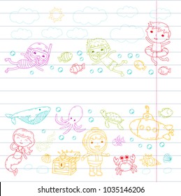 Underwater. Kids waterpark. Sea and ocean adventure. Summertime. Kids drawing. Doodle image. Cartoon creatures with children. Boys and girls swimming