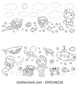 Underwater. Kids waterpark. Sea and ocean adventure. Summertime. Kids drawing. Doodle image. Cartoon creatures with children. Boys and girls swimming