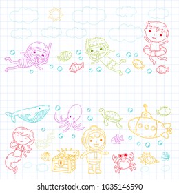 Underwater. Kids waterpark. Sea and ocean adventure. Summertime. Kids drawing. Doodle image. Cartoon creatures with children. Boys and girls swimming