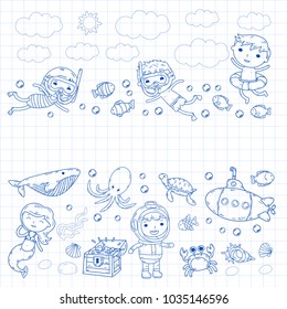 Underwater. Kids waterpark. Sea and ocean adventure. Summertime. Kids drawing. Doodle image. Cartoon creatures with children. Boys and girls swimming