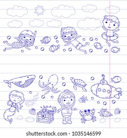 Underwater. Kids waterpark. Sea and ocean adventure. Summertime. Kids drawing. Doodle image. Cartoon creatures with children. Boys and girls swimming