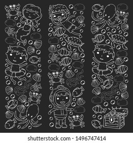 Underwater. Kids waterpark. Sea and ocean adventure. Summertime. Kids drawing. Doodles image. Cartoon creatures with children. Boys and girls swimming