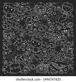 Underwater. Kids waterpark. Sea and ocean adventure. Summertime. Kids drawing. Doodles image. Cartoon creatures with children. Boys and girls swimming