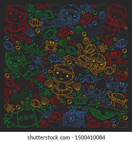 Underwater. Kids waterpark. Sea and ocean adventure. Summertime. Kids drawing. Doodles image. Cartoon creatures with children. Boys and girls swimming