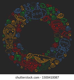 Underwater. Kids waterpark. Sea and ocean adventure. Summertime. Kids drawing. Doodles image. Cartoon creatures with children. Boys and girls swimming