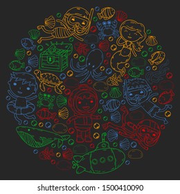 Underwater. Kids waterpark. Sea and ocean adventure. Summertime. Kids drawing. Doodles image. Cartoon creatures with children. Boys and girls swimming