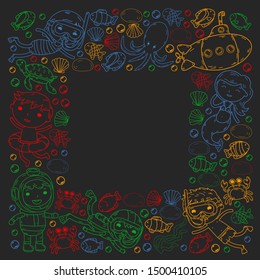 Underwater. Kids waterpark. Sea and ocean adventure. Summertime. Kids drawing. Doodles image. Cartoon creatures with children. Boys and girls swimming