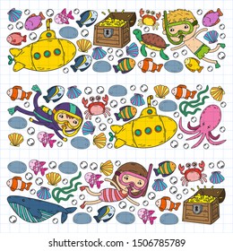 Underwater. Kids waterpark. Sea and ocean adventure. Summertime. Kids drawing. Doodles image. Cartoon creatures with children. Boys and girls swimming