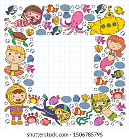Underwater. Kids waterpark. Sea and ocean adventure. Summertime. Kids drawing. Doodles image. Cartoon creatures with children. Boys and girls swimming