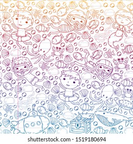 Underwater. Kids waterpark. Sea and ocean adventure. Summertime. Kids drawing. Doodles image. Cartoon creatures with children. seamless