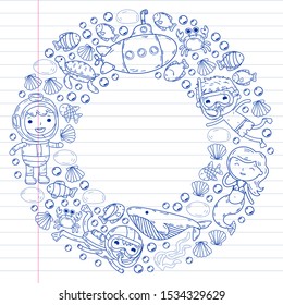 Underwater. Kids waterpark. Sea and ocean adventure. Summertime. Kids drawing. Doodles image. Cartoon creatures with children. Boys and girls swimming