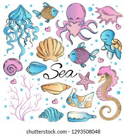 UNDERWATER KINGDOM Travel Tropical Vector Illustration Set for Print, Fabric and Decoration.