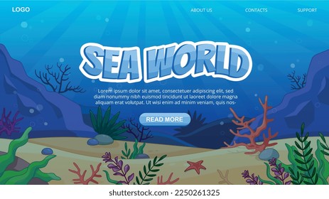 Underwater landing page. Colorful foliage, botany and floristry. Coral reefs and algae. Poster or banner for website. Template, layout and mock up. Sea or ocean. Cartoon flat vector illustration