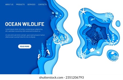 Página de aterrizaje submarino con paisajes de mar de corte de papel, animales y algas marinas, plantilla de sitio web de vector. Vida silvestre oceánica y página de aterrizaje en el mundo submarino en capas de mariscos, caballitos de mar y peces