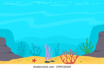 Underwater landscape with algae and corals. Marine underwater life. Vector illustration background.