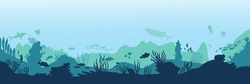 Underwater Landscape With Algae And Fish Silhouettes. Vector Illustration
