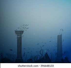 underwater landscape with ancient ruins of columns, fishes, alga and bubbles, secret of Atlantis, vector,