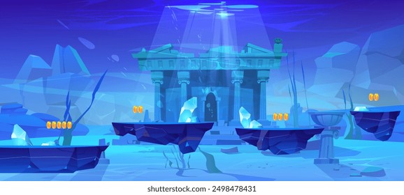 Underwater landscape with antique temple and game platforms. Vector cartoon illustration of sea or ocean bottom, ancient palace with cracked marble pillars, coins on floating arcade islands, seaweeds