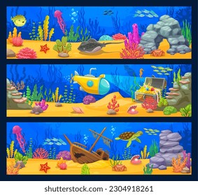 Underwater landscape, cartoon sea animals, seaweed, submarine and treasure chest. Vector banners with ocean bottom, sunken ship, turtle, fish shoal, tropical corals and seaweed plants horizontal cards