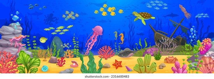 Underwater landscape, cartoon vector background with sunken ship, rocks and seaweeds, coral reef and animals. Turtle, jellyfish, squid and fish shoal silhouettes in ocean. Water aquatic tropical life