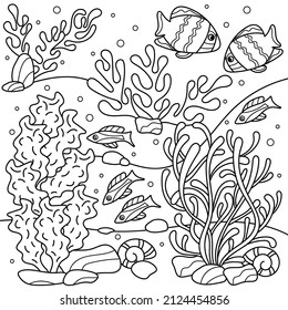 Underwater landscape coloring book for adults. Hand drawn Vector illustration.